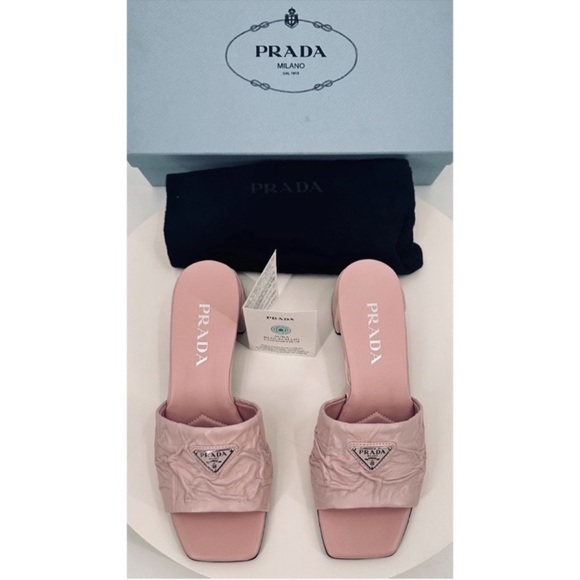 Prada Crinkled Leather Block-Heel Slip on Logo Mules Sandals size 8 Pale Pink - Picture 2 of 12